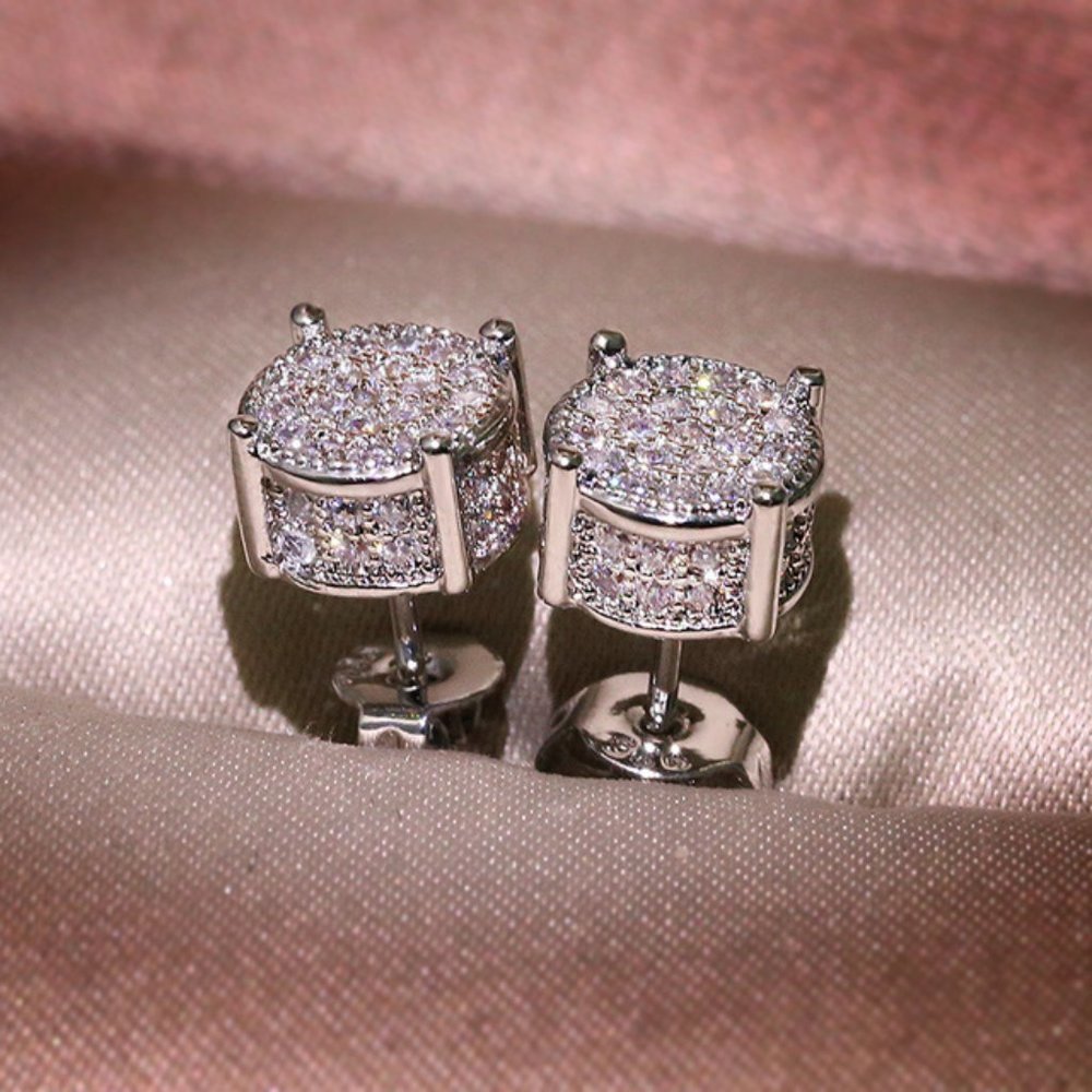 NEW Silver Pave Diamond All Around Stud Earrings - Picture 3 of 3